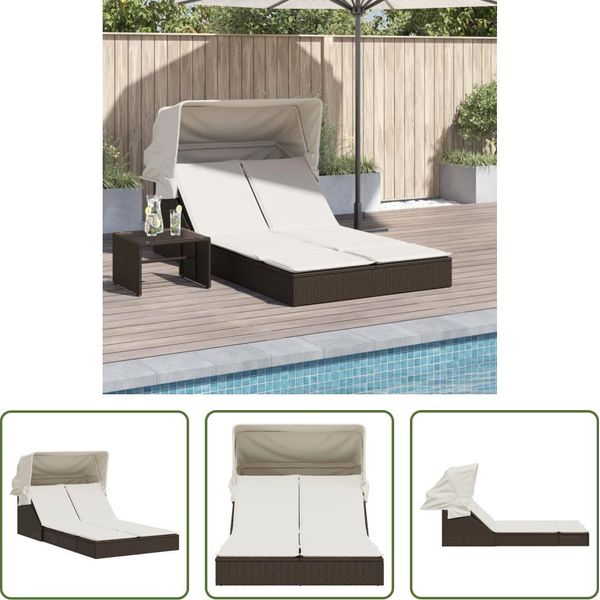 The Living Store Lettino Doppio Con Tetto E Cuscini In Poly Rattan Marrone-image