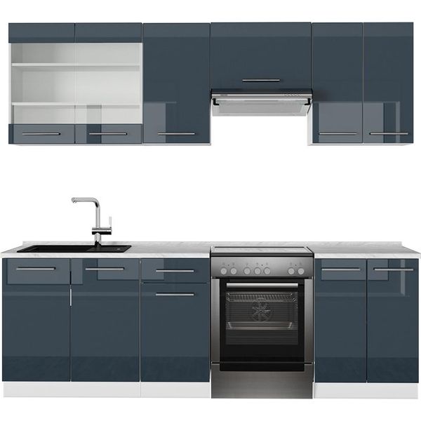 Vicco Cucina Componibile Fame-Line, 240 Cm Senza Piano Di Lavoro, Blu Scuro Lucido/Bianco-image