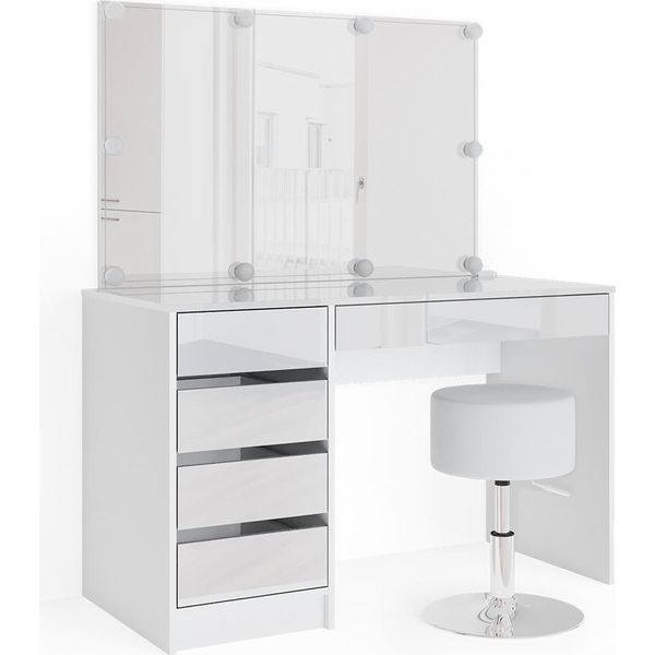 Vicco Tavolo Da Toeletta Sherry, 120 Cm Con Illuminazione A Led E Sgabello, Bianco-image