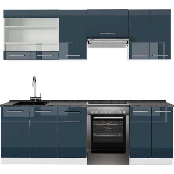 Vicco Cucina Componibile Fame-Line, 240 Cm , Pt Antracite, Blu Scuro Lucido/Bianco-image