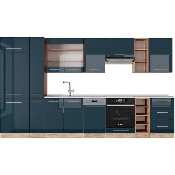 Vicco Cucina Componibile Fame-Line, 355 Cm , Pt Marmo, Blu Scuro Lucido/Rovere Dorato-image