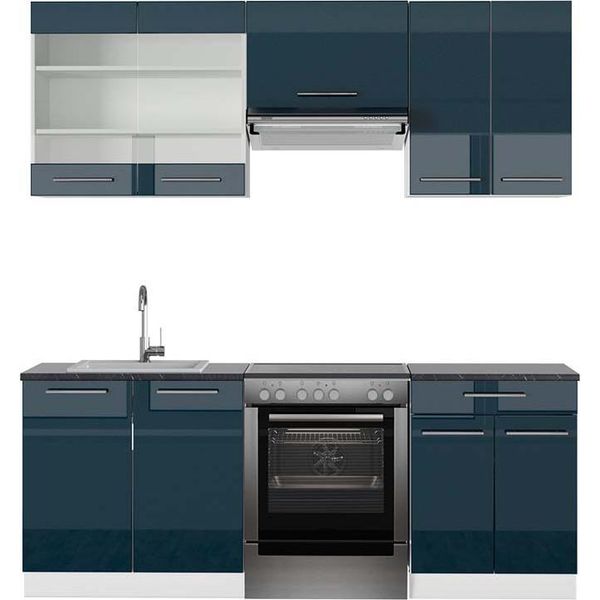 Vicco Cucina Componibile Fame-Line, 200 Cm , Pt Antracite, Blu Scuro Lucido/Bianco-image