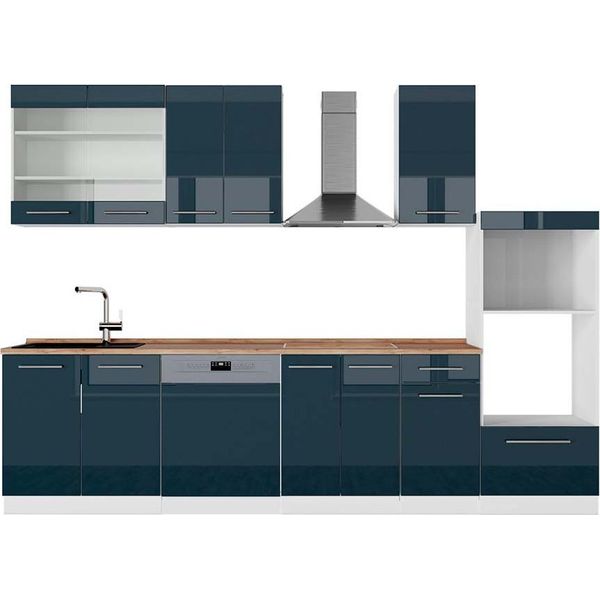 Vicco Cucina Componibile Fame-Line, 300 Cm Con Armadio Alto, Pt Rovere, Blu Scuro Lucido/Bianco-image
