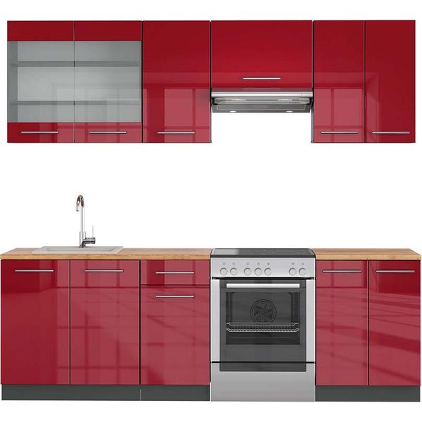 Vicco Cucina Componibile Fame-Line, 240 Cm , Pl Rovere, Rosso Bordeaux Lucido/Antracite-image