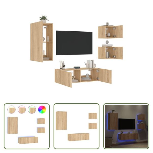 The Living Store Parete Tv 4 Pezzi Con Luci Led Rovere Sonoma-image
