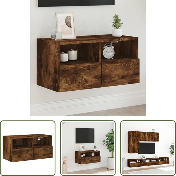 The Living Store Mobile Tv A Parete Rovere Fumé 60X30X30 Cm Materiale Legno-image