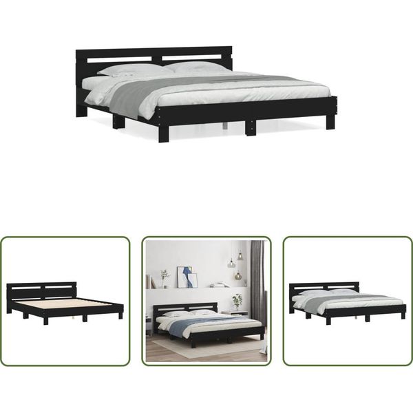 The Living Store Struttura Letto Con Testiera Nera 160X200 Cm In Materiale Ligneo-image