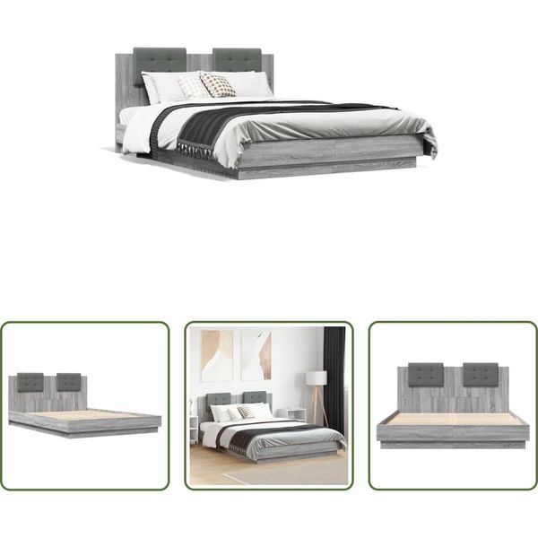 The Living Store Giroletto Con Testiera Grigio Sonoma 140X200 Cm In Materiale Ligneo-image