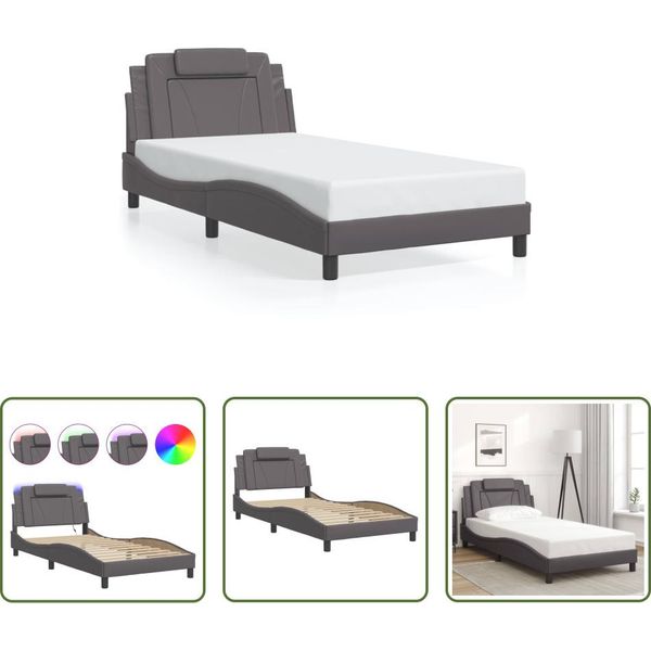 The Living Store Struttura Letto Con Led Grigio 100X200 Cm In Ecopelle-image