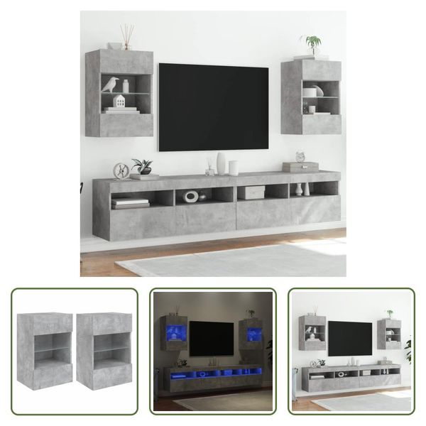 The Living Store Pensili Tv Con Luci Led 2 Pz. Grigio Cemento 40X30X60,5 Cm-image