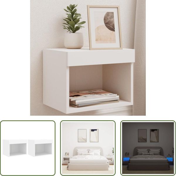 The Living Store Comodini A Parete Con Luci Led 2 Pz. Bianco-image