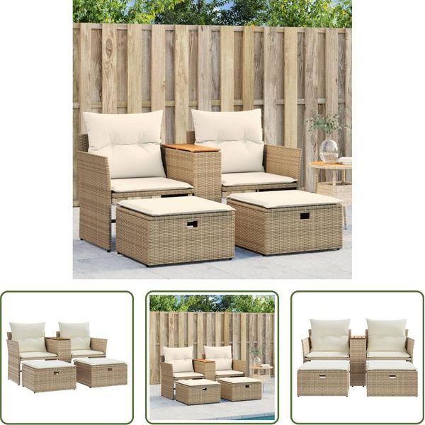 The Living Store Divano Da Giardino A 2 Posti Con Sgabelli Beige Poly Rattan-image