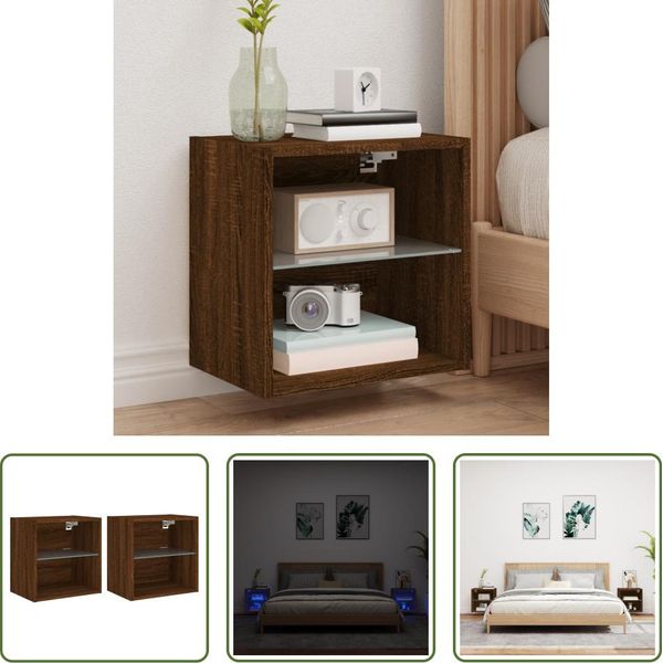 The Living Store Comodini A Parete Con Luci Led 2 Pz. Aspetto Rovere Marrone-image