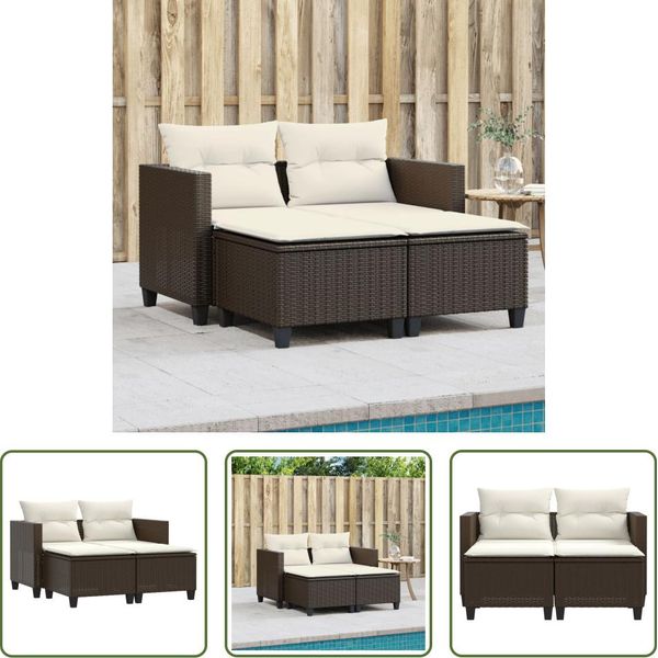 The Living Store Divano Da Giardino 2 Posti Con Sgabelli In Poly Rattan Marrone-image