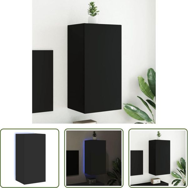 The Living Store Mobile Tv A Parete Con Luci Led Nero 40,5X35X80 Cm-image