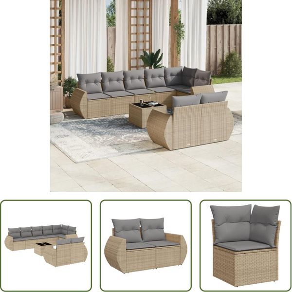 The Living Store Set Di Divani Da Giardino 9 Pezzi Con Cuscini Beige In Poly Rattan-image