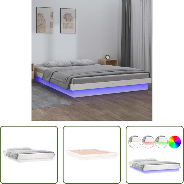 The Living Store Letto In Legno Massiccio Con Illuminazione A Led Bianco 140X200 Cm-image