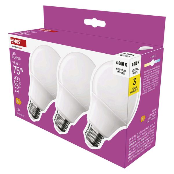 Emos Lampada Led A60 Confezione Da 3 Pezzi, 9,5W In Sostituzione Di 75W, Lampadina Classica Con Base E27, Luminosità 1055Lm, Bianco Neutro 4000K, Durata 30000H , ZQ5E53.3-image