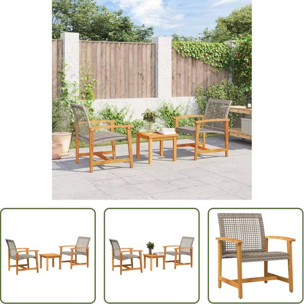 The Living Store Set Bistrot 3 Pezzi In Poly Rattan Grigio E Legno D'acacia-image