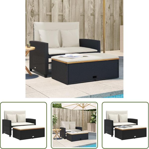 The Living Store Divano Da Giardino Con Cuscini 2 Posti In Poly Rattan Nero E Legno Di Acacia-image