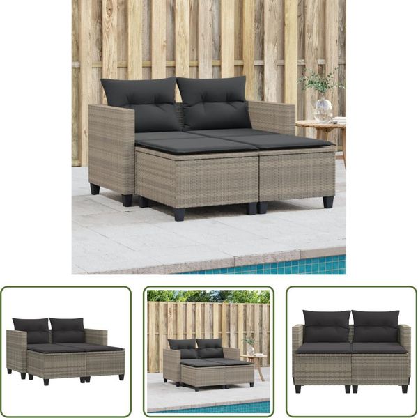 The Living Store Divano Da Giardino A 2 Posti Con Sgabelli In Poly Rattan Grigio Chiaro-image