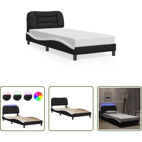 The Living Store Struttura Letto Con Led Bianco E Nero 90X190 Cm In Ecopelle-image