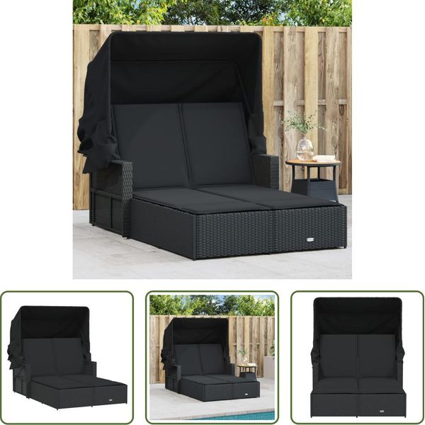 The Living Store Lettino Doppio Con Tetto E Cuscini In Poly Rattan Nero-image