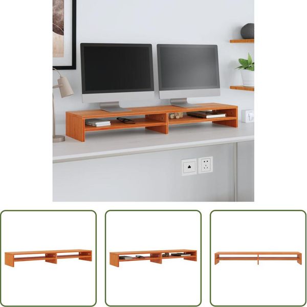 The Living Store Supporto Per Monitor Marrone Cera 100X24X13 Cm In Legno Di Pino Massiccio-image