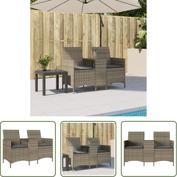 The Living Store Divano Da Giardino A 2 Posti Con Tavolo E Cuscini In Poly Rattan Grigio-image