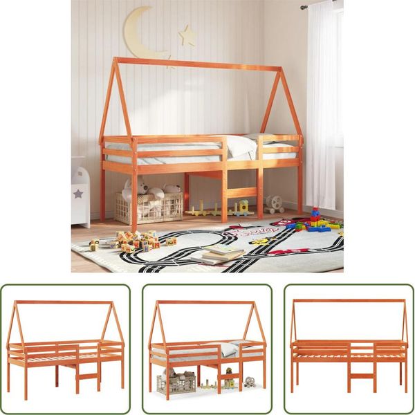 The Living Store Letto A Soppalco Con Tetto A Cera Marrone 90X200 Cm In Legno Di Pino Massiccio-image