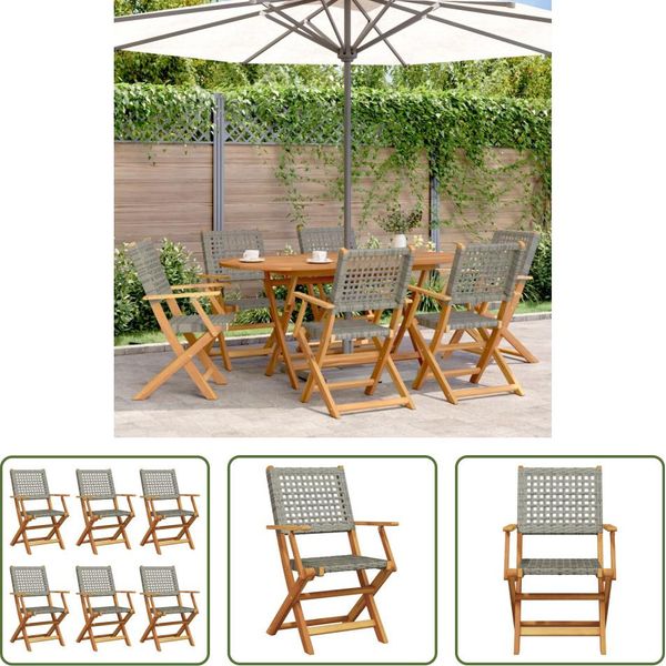 The Living Store Sedie Da Giardino 6 Pz. Pieghevoli In Poly Rattan Grigio E Legno Massiccio-image