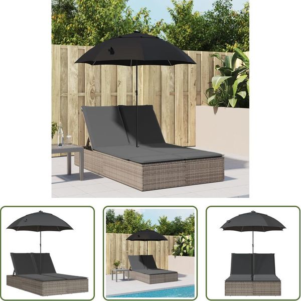 The Living Store Lettino Doppio Con Cuscino E Ombrellone In Poly Rattan Grigio-image