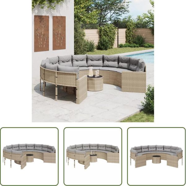 The Living Store Divano Da Giardino Con Tavolo E Cuscini Rotondo In Poly-Rattan Beige-image
