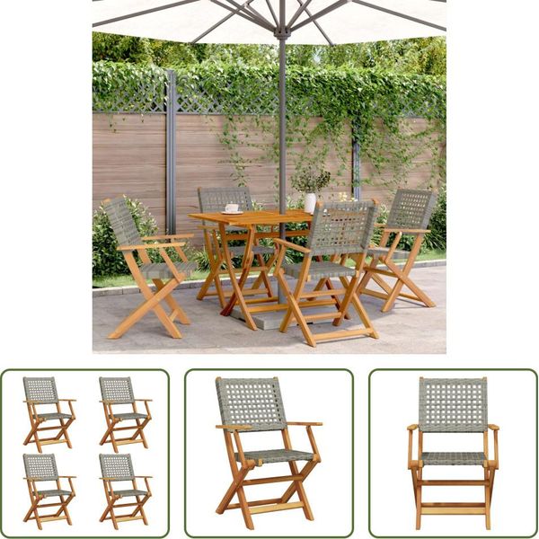 The Living Store Sedie Da Giardino 4 Pz. Pieghevoli In Poly Rattan Grigio E Legno Massiccio-image