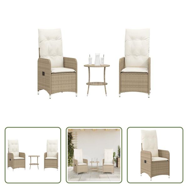 The Living Store Poltrona Da Giardino 2 Pz. Regolabile Con Tavolo Beige Poly Rattan-image