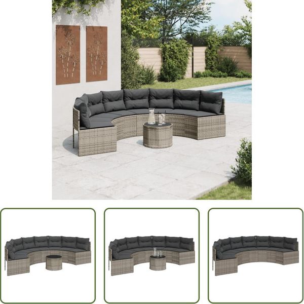 The Living Store Divano Da Giardino Con Tavolo E Cuscini Semirotondo In Poly Rattan Grigio-image