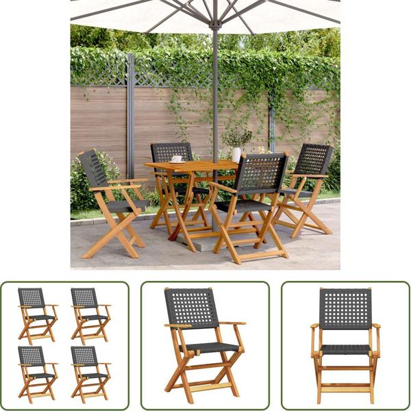 The Living Store Sedie Da Giardino 4 Pz. Pieghevoli In Poly Rattan Nero E Legno Massiccio-image