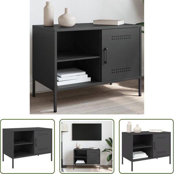 The Living Store Mobile Tv Nero 68X39X50,5 Cm In Acciaio-image
