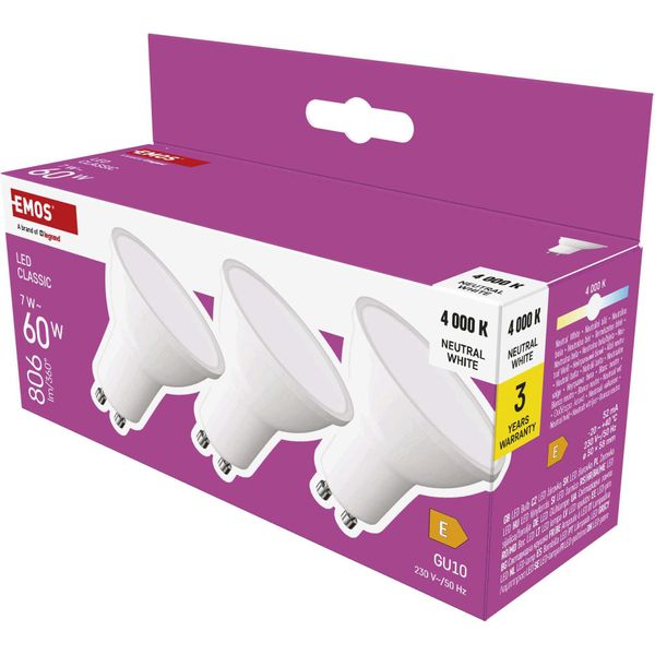Emos Faretto Led Confezione Da 3, MR16 Con Base GU10, 7W In Sostituzione Di 60W, Luminosità 806 Lm, Bianco Neutro 4000 K, Durata 30000 H, Bianco, ZQ8E43.3-image