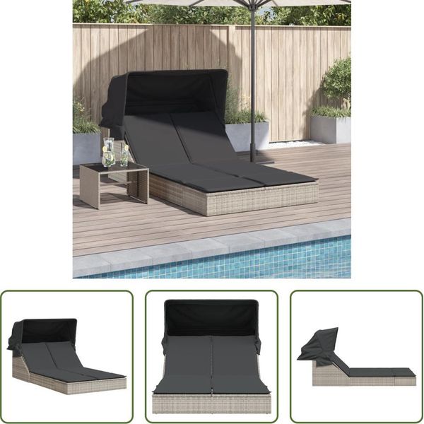 The Living Store Lettino Doppio Con Tetto E Cuscini In Poly Rattan Grigio Chiaro-image