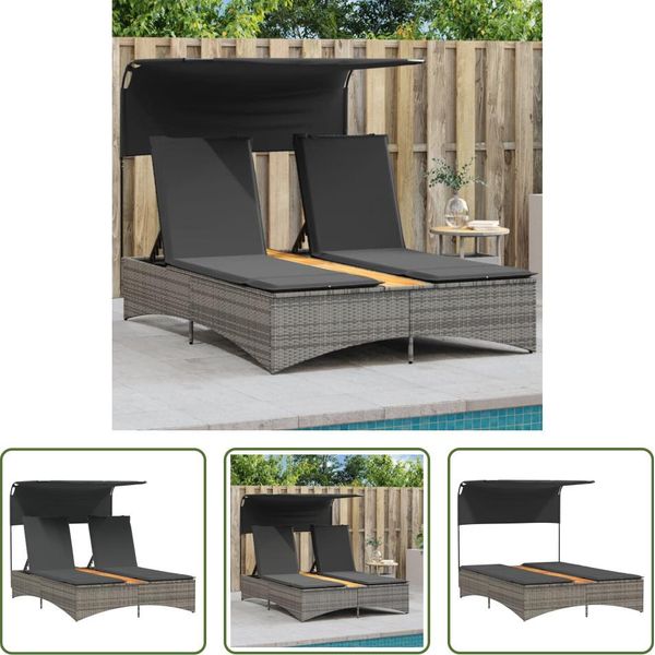 The Living Store Lettino Doppio Con Tetto E Cuscini In Poly Rattan Grigio-image
