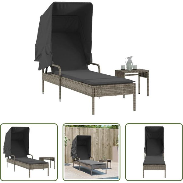 The Living Store Lettino Con Tettuccio E Tavolino In Poly Rattan Grigio-image