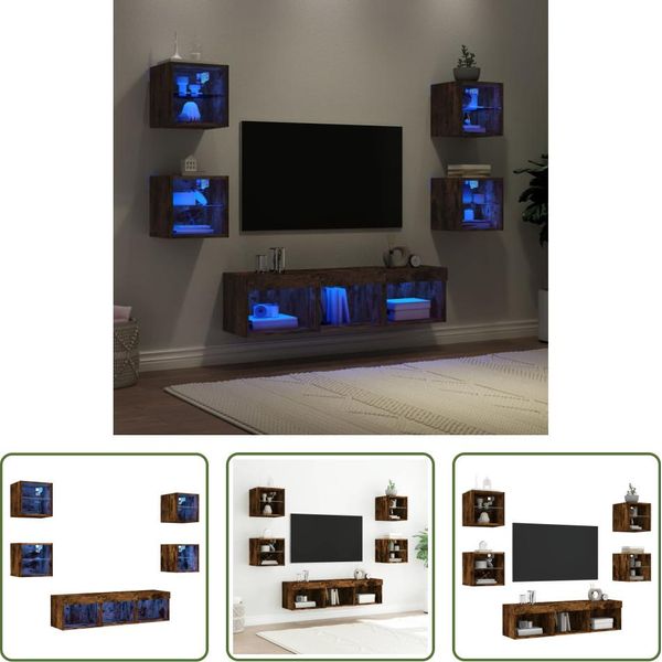 The Living Store Parete Attrezzata A 7 Pezzi Con Illuminazione A Led In Legno Rovere Fumé-image