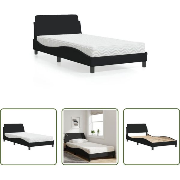 The Living Store Letto Con Materasso Nero 100X200 Cm In Tessuto-image