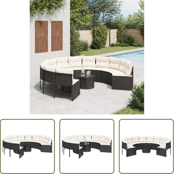 The Living Store Divano Da Giardino Con Tavolo E Cuscini Rotondo In Poly-Rattan Nero-image