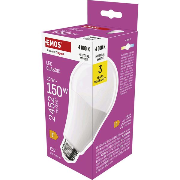 Emos Lampada Led A80, 20W In Sostituzione Di 150W, Lampadina Grande, Base E27, Luminosità 2452 Lm, Bianco Neutro 4000 K, Durata 30000 H, ZQ5E83-image