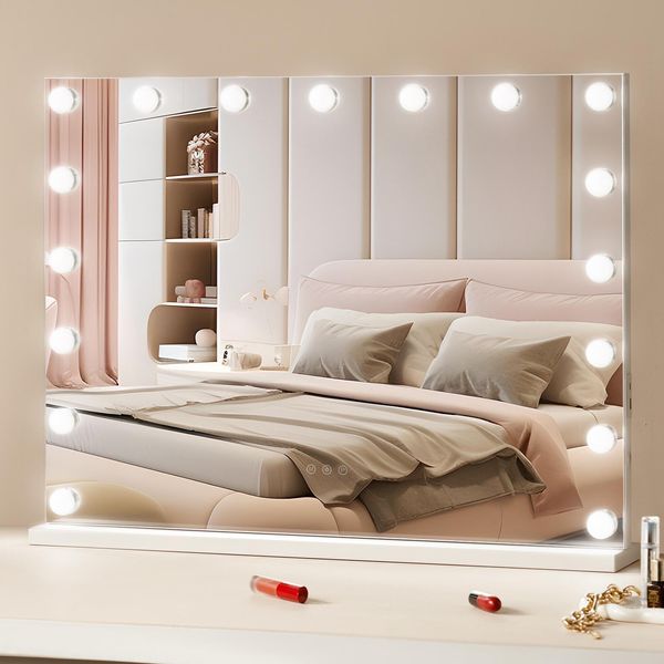 Vevor Hollywood Specchio Per Il Trucco 80 Cm X 60 Cm Bianco Con Luci Led Dimmerabili 3 Modalità Di Colore Controllo Touch Intelligente Ingrandimento 5X Connessione Usb E Type-C-image
