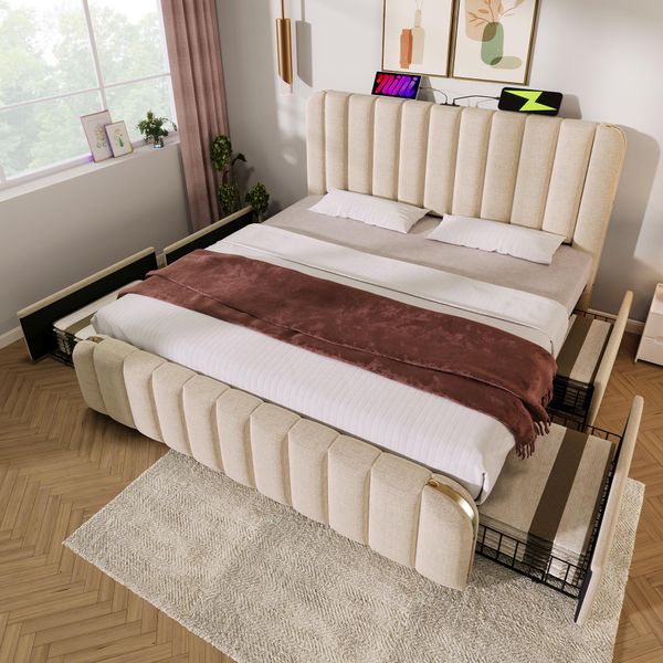 Letto Imbottito Flieks 160X200Cm Con Funzione Di Ricarica (Usb, Type-C), Letto Matrimoniale Contenitore Con 4 Cassetti, Letto Giovanile Funzionale, Biancheria, Beige-image