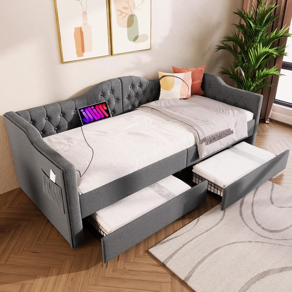 Divano Letto Flieks 90X200Cm Con Usb E Tipo C, Letto Imbottito Con 2 Cassetti, Divano Letto Daybed Con Rete A Doghe, Lino, Grigio-image
