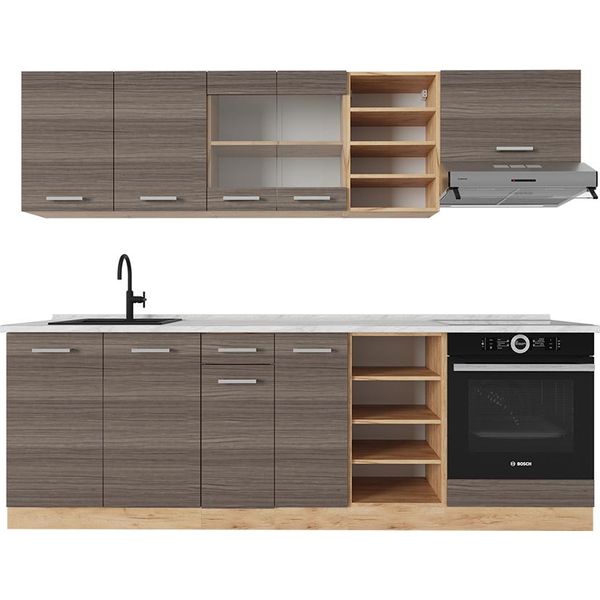 Vicco Cucina Componibile R-Line, 240 Cm , Pl Marmo, Grigio Nobile/Rovere Dorato-image
